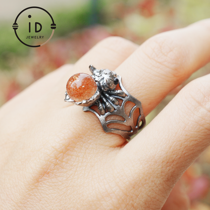 Spider Ring in 925 Silver with Round Sunstone and Black Agate Eyes, Oxidized Vintage Animal Jewelry Ring for Women, Gift Idea