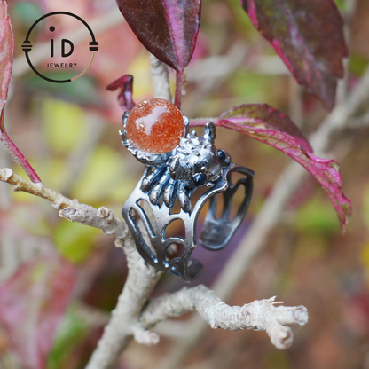 Spider Ring in 925 Silver with Round Sunstone and Black Agate Eyes, Oxidized Vintage Animal Jewelry Ring for Women, Gift Idea