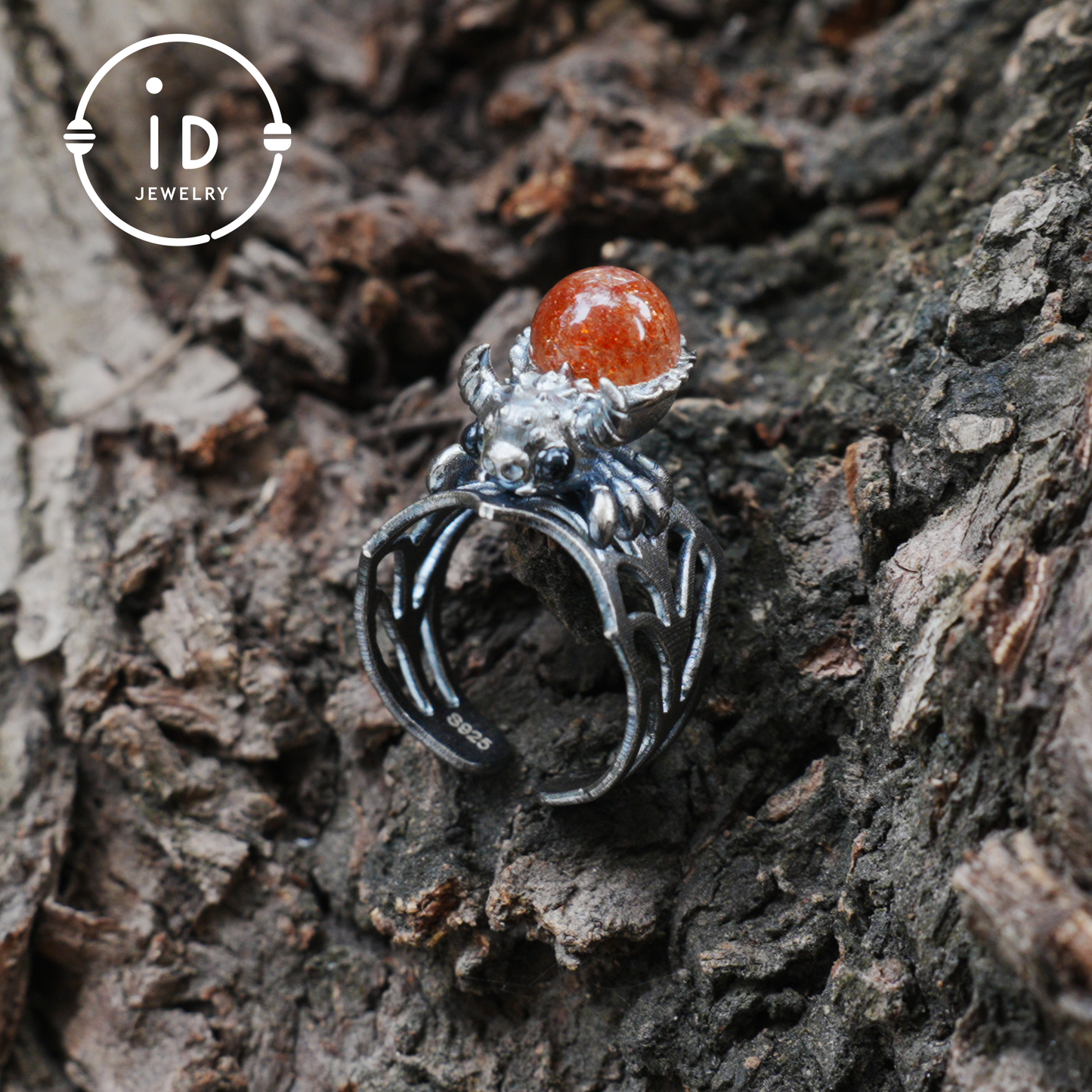 Spider Ring in 925 Silver with Round Sunstone and Black Agate Eyes, Oxidized Vintage Animal Jewelry Ring for Women, Gift Idea