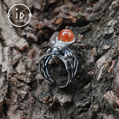 Spider Ring in 925 Silver with Round Sunstone and Black Agate Eyes, Oxidized Vintage Animal Jewelry Ring for Women, Gift Idea