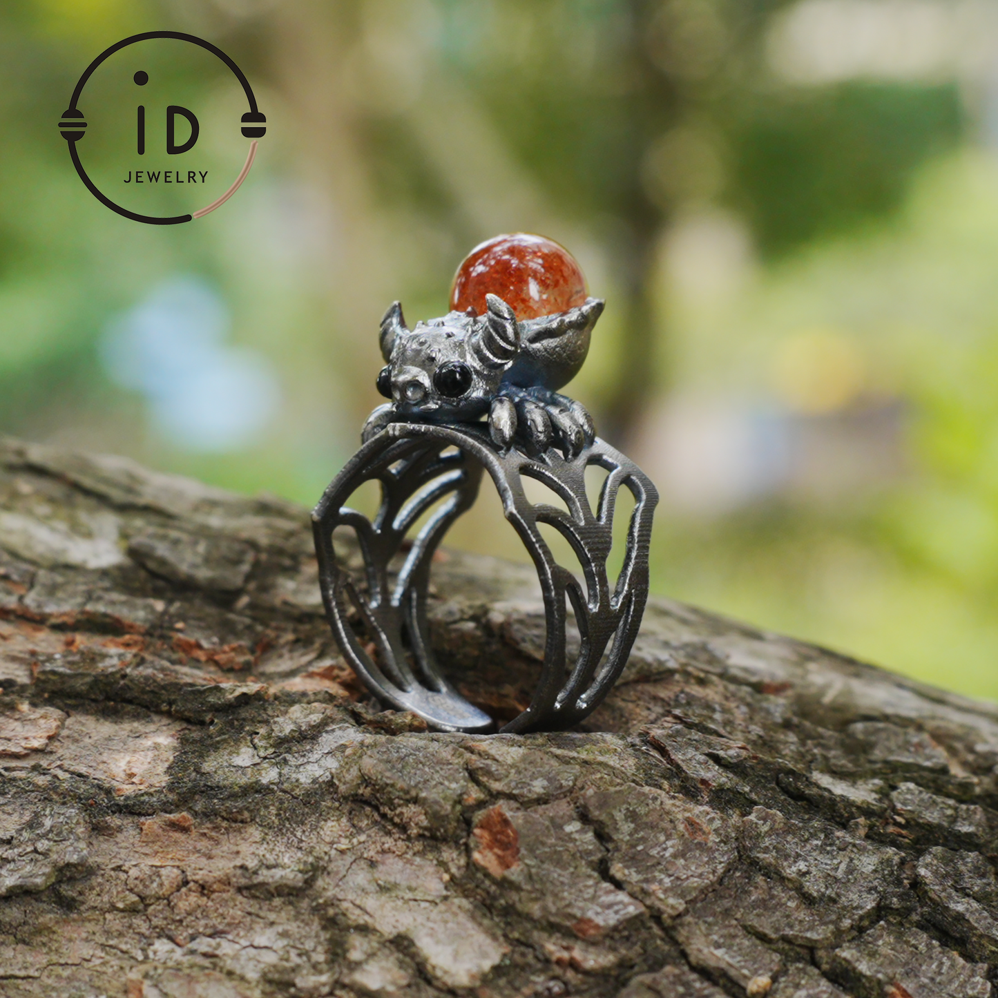Spider Ring in 925 Silver with Round Sunstone and Black Agate Eyes, Oxidized Vintage Animal Jewelry Ring for Women, Gift Idea