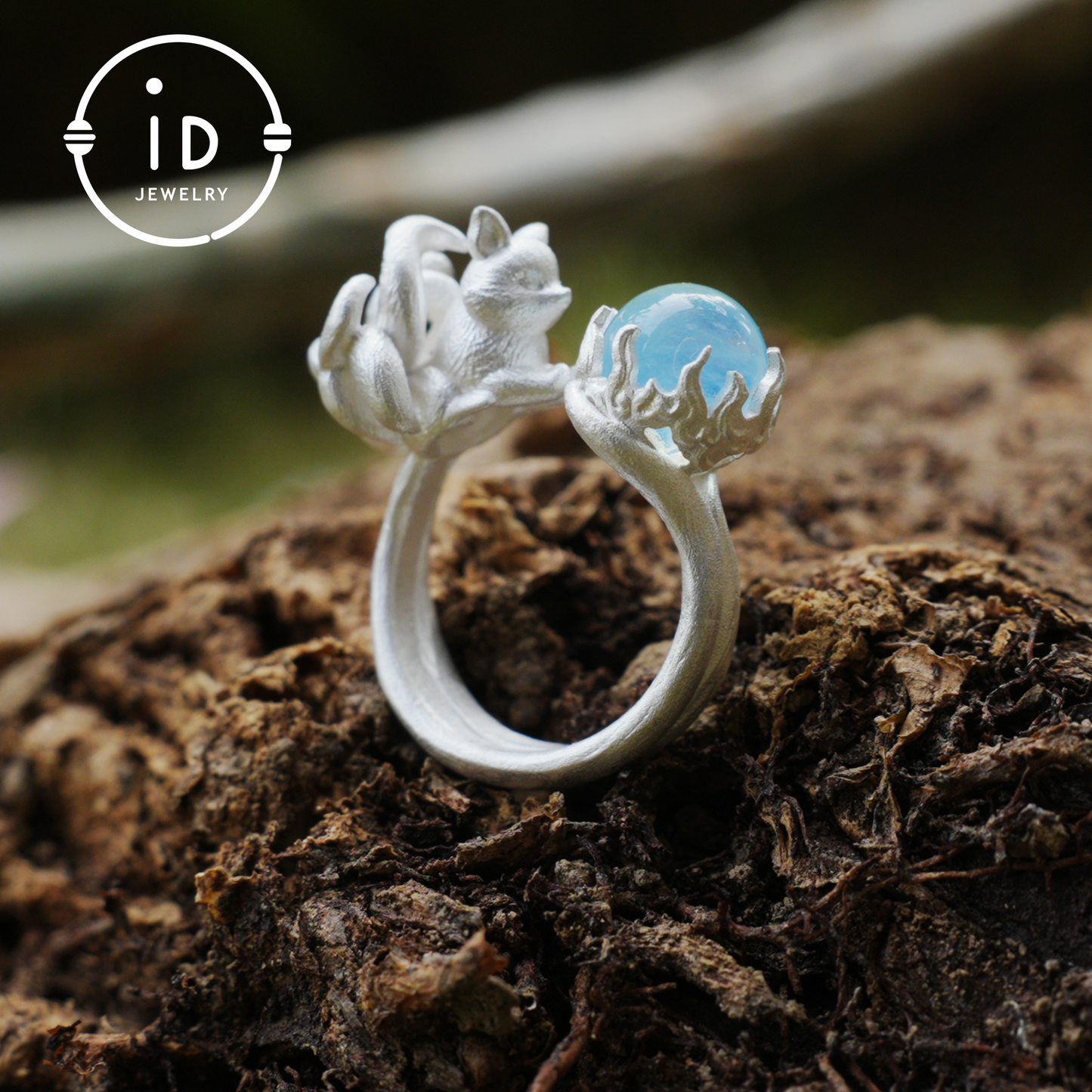 Silver Fox Ring in 925 Silver with Aquamarine Cabochon, Adjustable Statement Ring with Nine-Tailed Fox Design in Naturecore Fairy Style