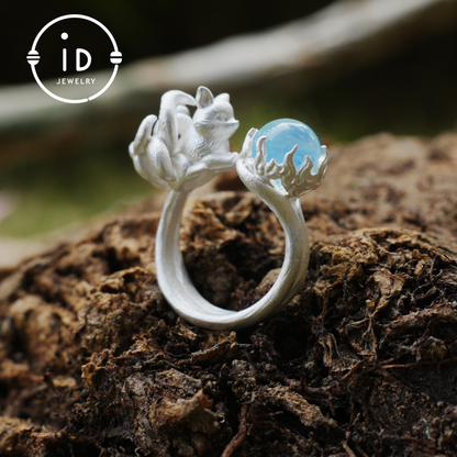 Silver Fox Ring in 925 Silver with Aquamarine Cabochon, Adjustable Statement Ring with Nine-Tailed Fox Design in Naturecore Fairy Style
