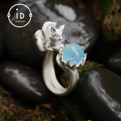Silver Fox Ring in 925 Silver with Aquamarine Cabochon, Adjustable Statement Ring with Nine-Tailed Fox Design in Naturecore Fairy Style