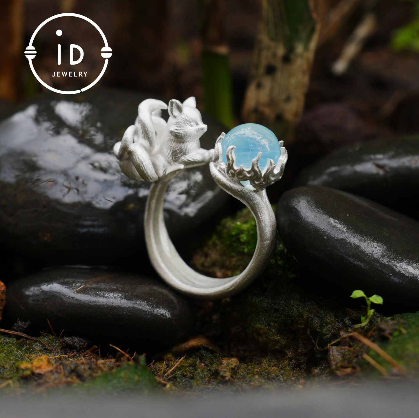 Silver Fox Ring in 925 Silver with Aquamarine Cabochon, Adjustable Statement Ring with Nine-Tailed Fox Design in Naturecore Fairy Style