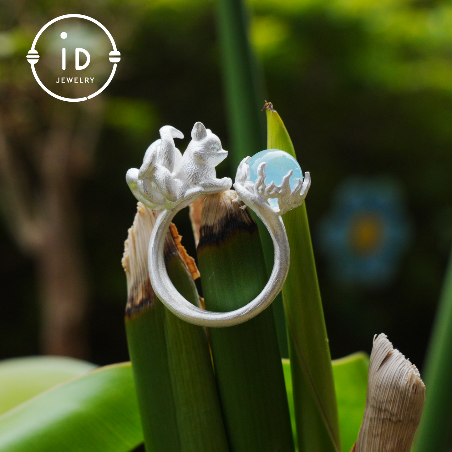 Silver Fox Ring in 925 Silver with Aquamarine Cabochon, Adjustable Statement Ring with Nine-Tailed Fox Design in Naturecore Fairy Style