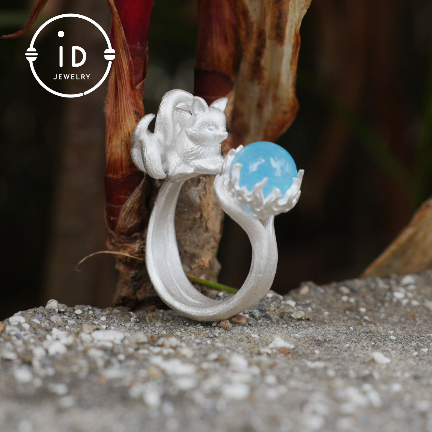 Silver Fox Ring in 925 Silver with Aquamarine Cabochon, Adjustable Statement Ring with Nine-Tailed Fox Design in Naturecore Fairy Style