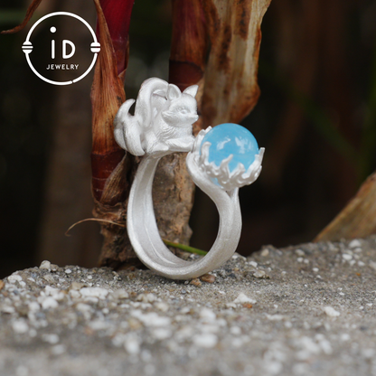 Silver Fox Ring in 925 Silver with Aquamarine Cabochon, Adjustable Statement Ring with Nine-Tailed Fox Design in Naturecore Fairy Style