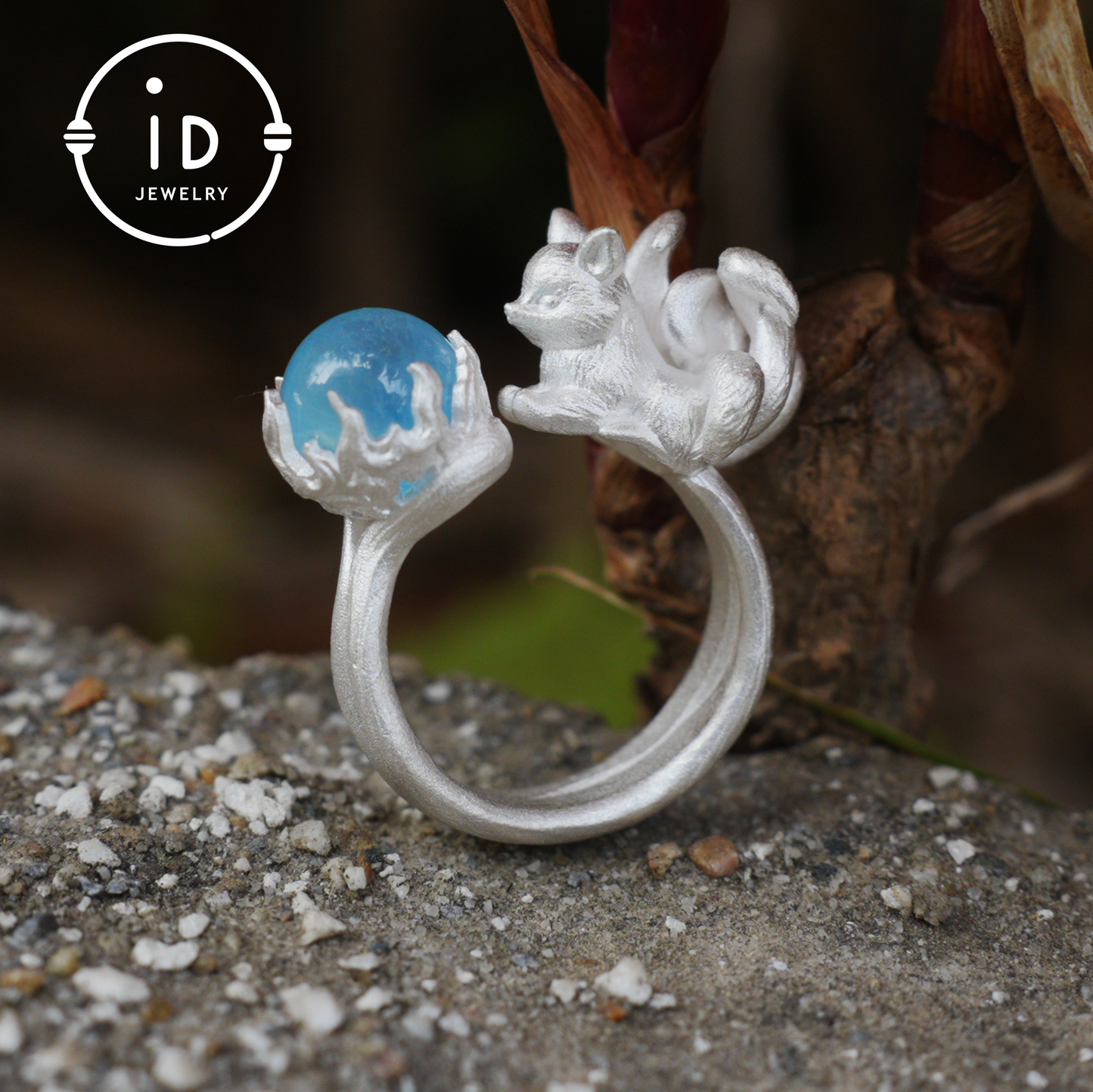 Silver Fox Ring in 925 Silver with Aquamarine Cabochon, Adjustable Statement Ring with Nine-Tailed Fox Design in Naturecore Fairy Style
