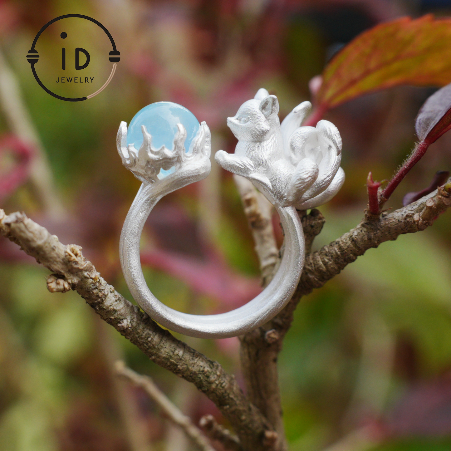 Silver Fox Ring in 925 Silver with Aquamarine Cabochon, Adjustable Statement Ring with Nine-Tailed Fox Design in Naturecore Fairy Style