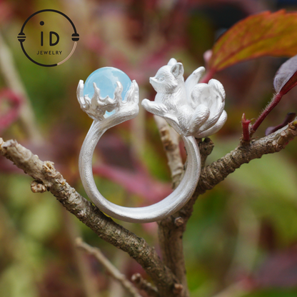 Silver Fox Ring in 925 Silver with Aquamarine Cabochon, Adjustable Statement Ring with Nine-Tailed Fox Design in Naturecore Fairy Style