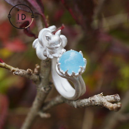 Silver Fox Ring in 925 Silver with Aquamarine Cabochon, Adjustable Statement Ring with Nine-Tailed Fox Design in Naturecore Fairy Style