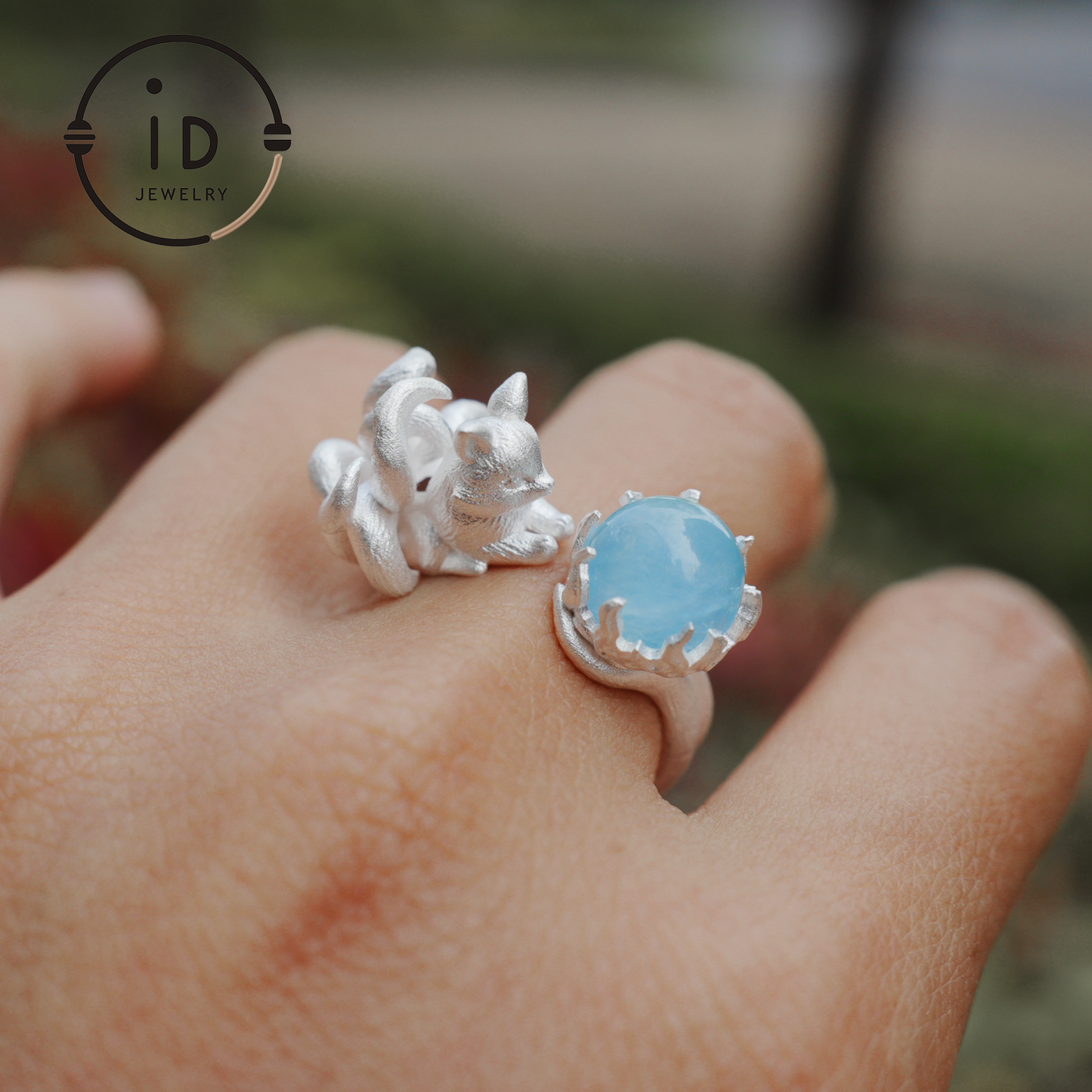 Silver Fox Ring in 925 Silver with Aquamarine Cabochon, Adjustable Statement Ring with Nine-Tailed Fox Design in Naturecore Fairy Style
