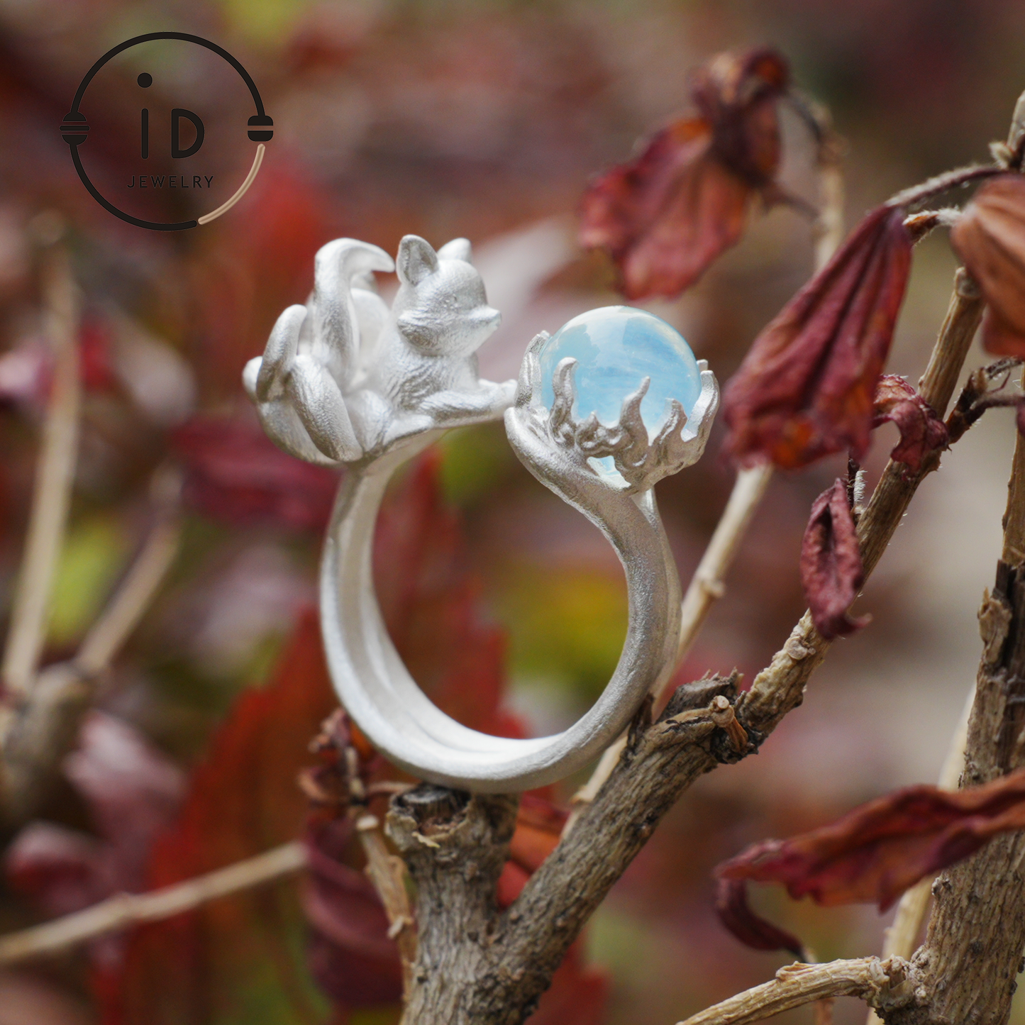 Silver Fox Ring in 925 Silver with Aquamarine Cabochon, Adjustable Statement Ring with Nine-Tailed Fox Design in Naturecore Fairy Style
