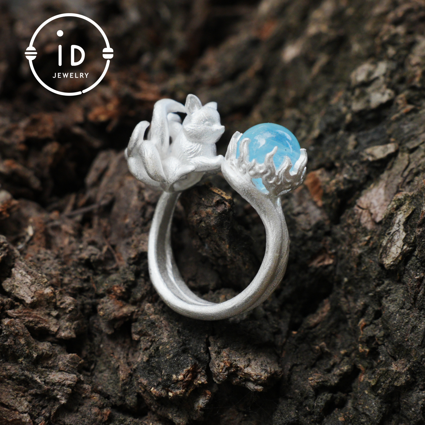 Silver Fox Ring in 925 Silver with Aquamarine Cabochon, Adjustable Statement Ring with Nine-Tailed Fox Design in Naturecore Fairy Style
