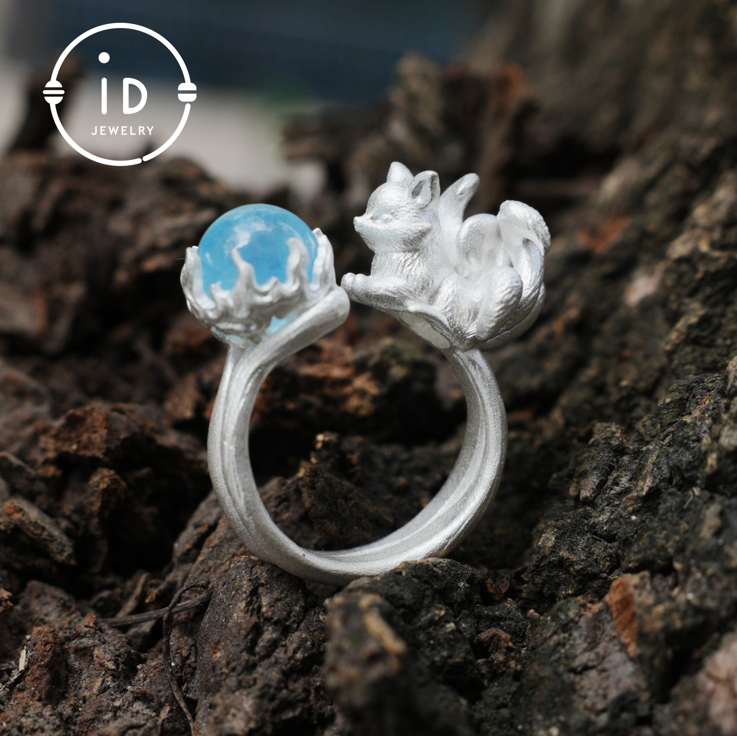 Silver Fox Ring in 925 Silver with Aquamarine Cabochon, Adjustable Statement Ring with Nine-Tailed Fox Design in Naturecore Fairy Style