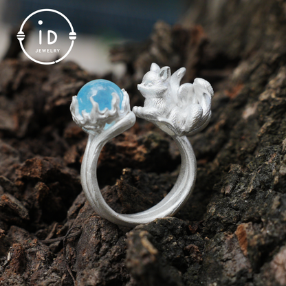 Silver Fox Ring in 925 Silver with Aquamarine Cabochon, Adjustable Statement Ring with Nine-Tailed Fox Design in Naturecore Fairy Style
