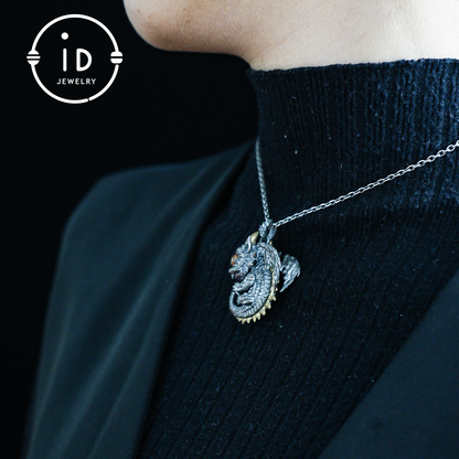 Sleeping Baby Dragon Pendant | Sterling Silver Mythical Creature Jewelry | Gold Rutilated Quartz Eye | Fantasy Amulet Gift for Protection