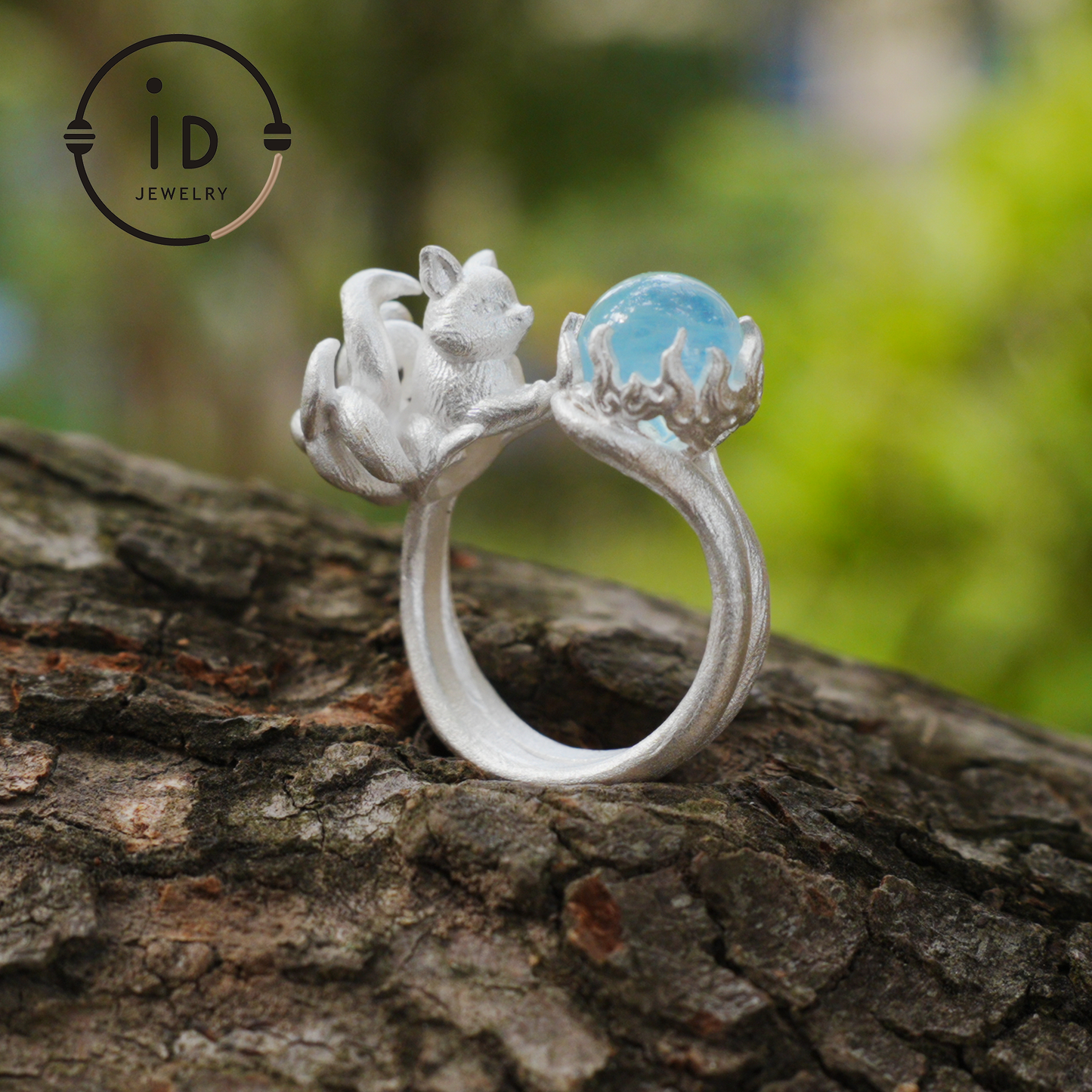 Silver Fox Ring in 925 Silver with Aquamarine Cabochon, Adjustable Statement Ring with Nine-Tailed Fox Design in Naturecore Fairy Style