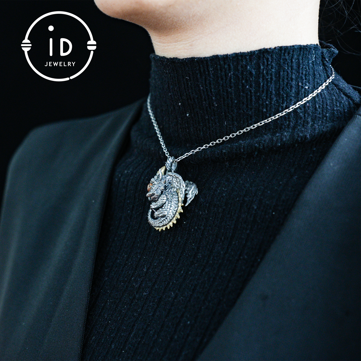 Sleeping Baby Dragon Pendant | Sterling Silver Mythical Creature Jewelry | Gold Rutilated Quartz Eye | Fantasy Amulet Gift for Protection