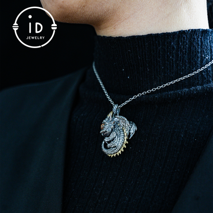 Sleeping Baby Dragon Pendant | Sterling Silver Mythical Creature Jewelry | Gold Rutilated Quartz Eye | Fantasy Amulet Gift for Protection