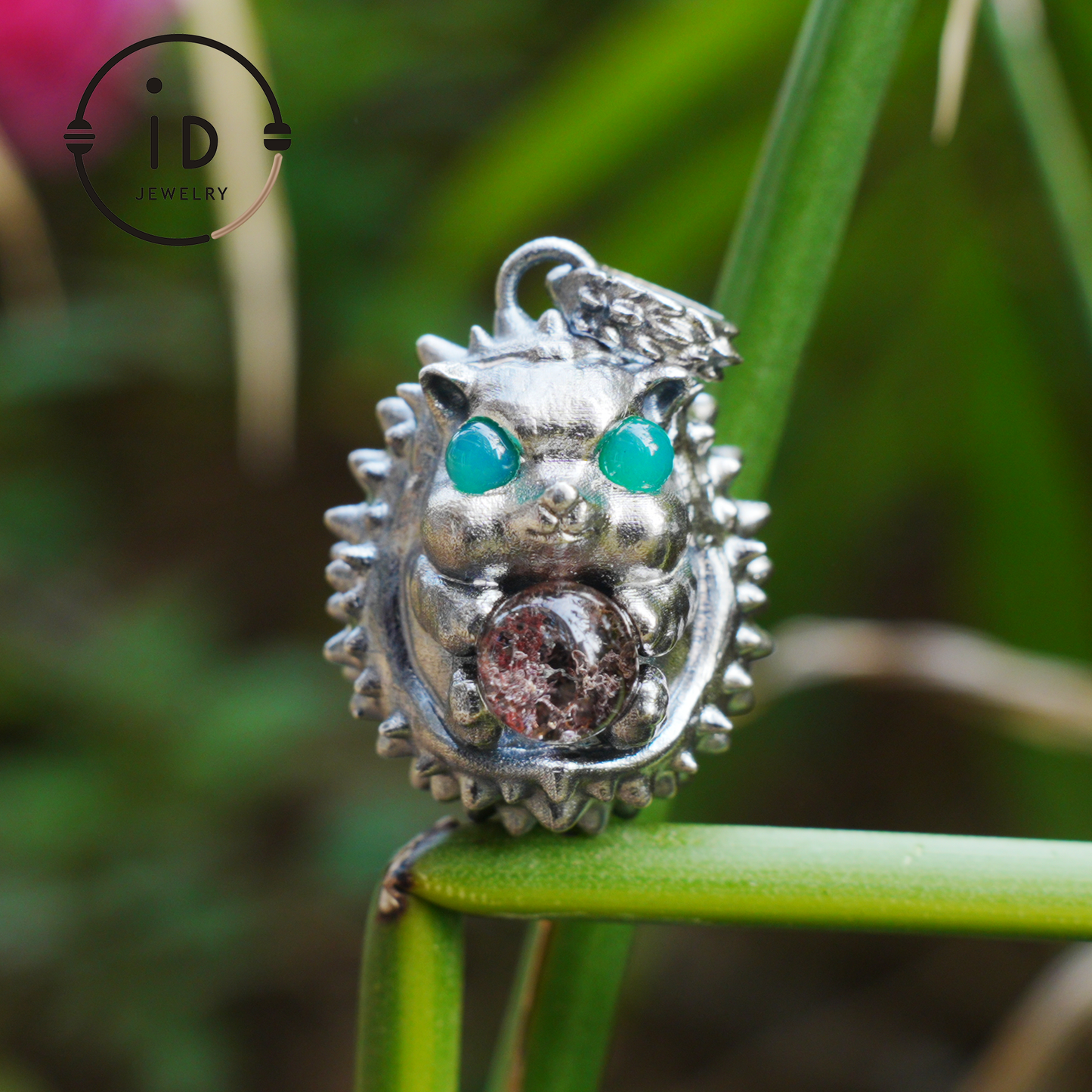 Hedgehog Pendant in 925 Sterling Silver with Phantom Quartz and Green Chalcedony, Oxidized Gothic Vintage Necklace Gift for Him