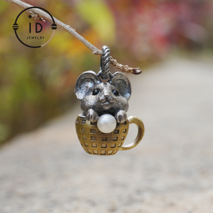 Mouse Pendant in 925 Sterling Silver with Freshwater Pearl, Oxidized Vintage Animal Necklace in Fairy Style, Handmade Jewelry Gift for Her