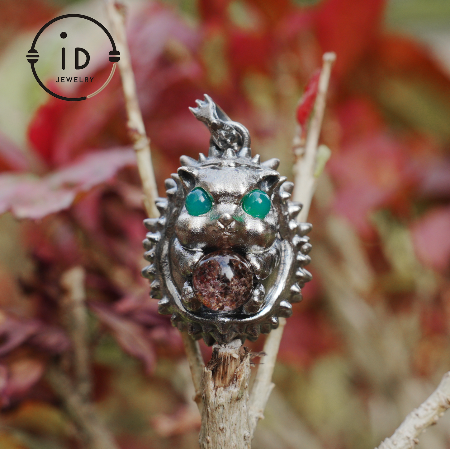 Hedgehog Pendant in 925 Sterling Silver with Phantom Quartz and Green Chalcedony, Oxidized Gothic Vintage Necklace Gift for Him