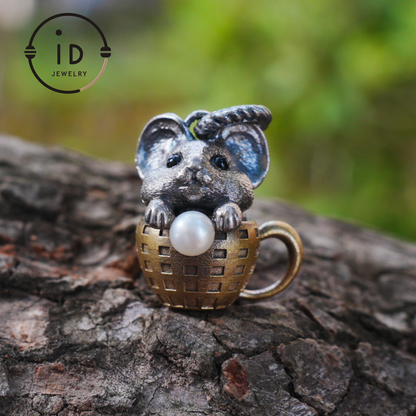 Mouse Pendant in 925 Sterling Silver with Freshwater Pearl, Oxidized Vintage Animal Necklace in Fairy Style, Handmade Jewelry Gift for Her