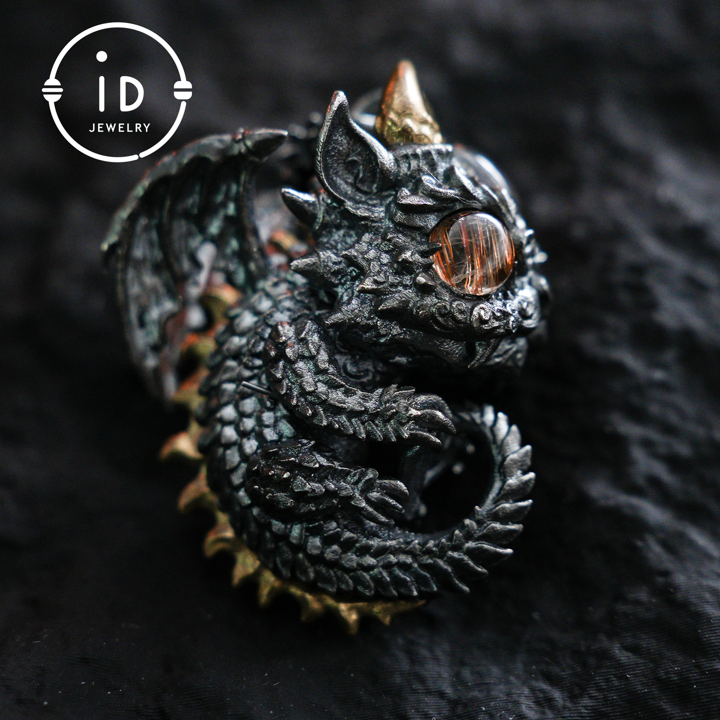Sleeping Baby Dragon Pendant | Sterling Silver Mythical Creature Jewelry | Gold Rutilated Quartz Eye | Fantasy Amulet Gift for Protection