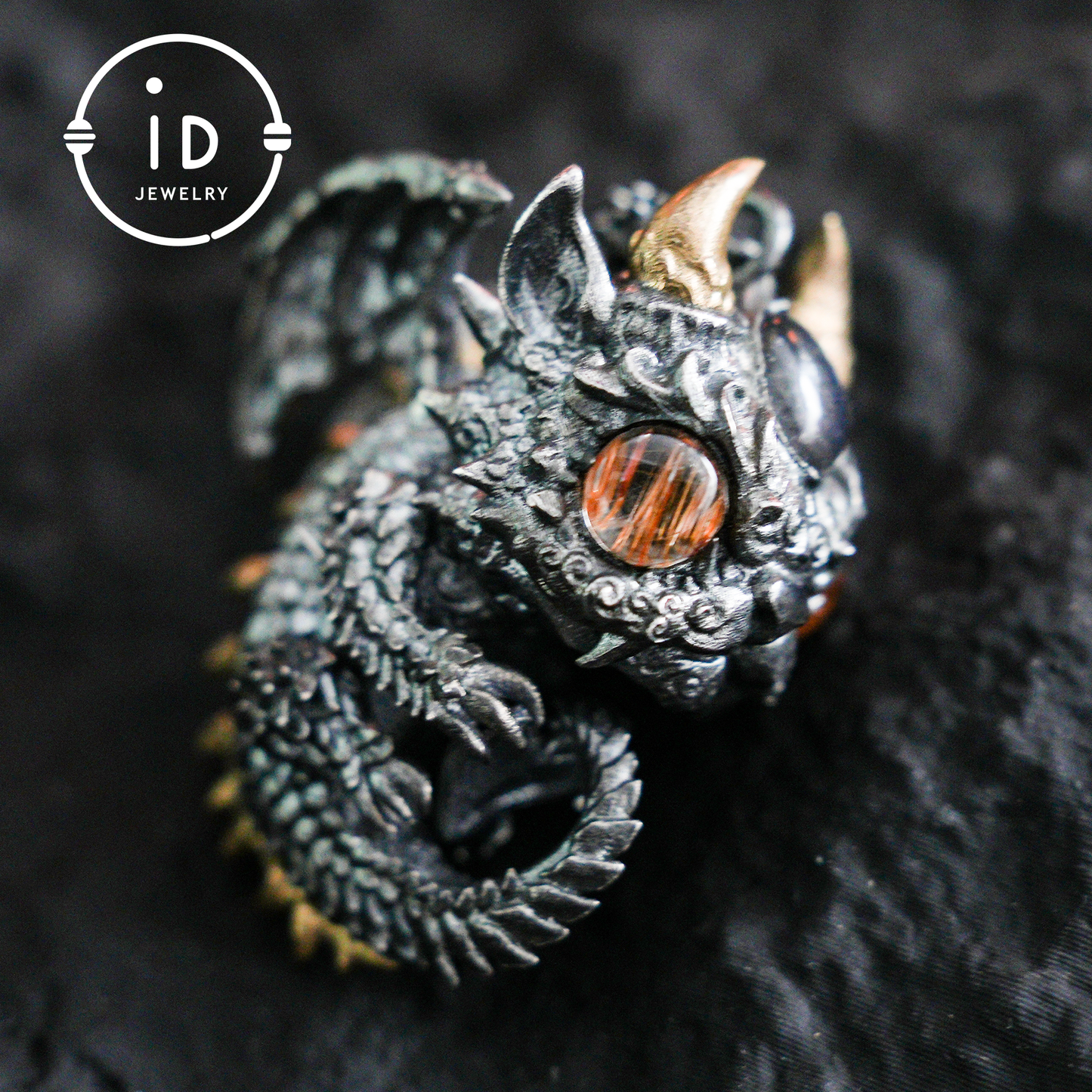 Sleeping Baby Dragon Pendant | Sterling Silver Mythical Creature Jewelry | Gold Rutilated Quartz Eye | Fantasy Amulet Gift for Protection