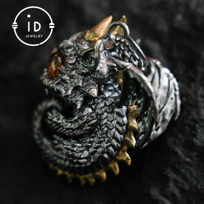 Sleeping Baby Dragon Pendant | Sterling Silver Mythical Creature Jewelry | Gold Rutilated Quartz Eye | Fantasy Amulet Gift for Protection