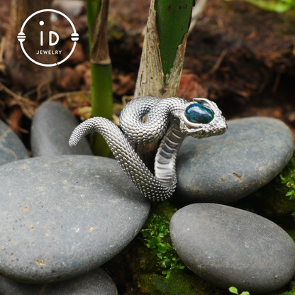 Opal Snake Ring Silver Gothic Adjustable Totem Jewelry Gift for Her Vintage Style Serpent Gemstone Ring Nature Inspired Statement