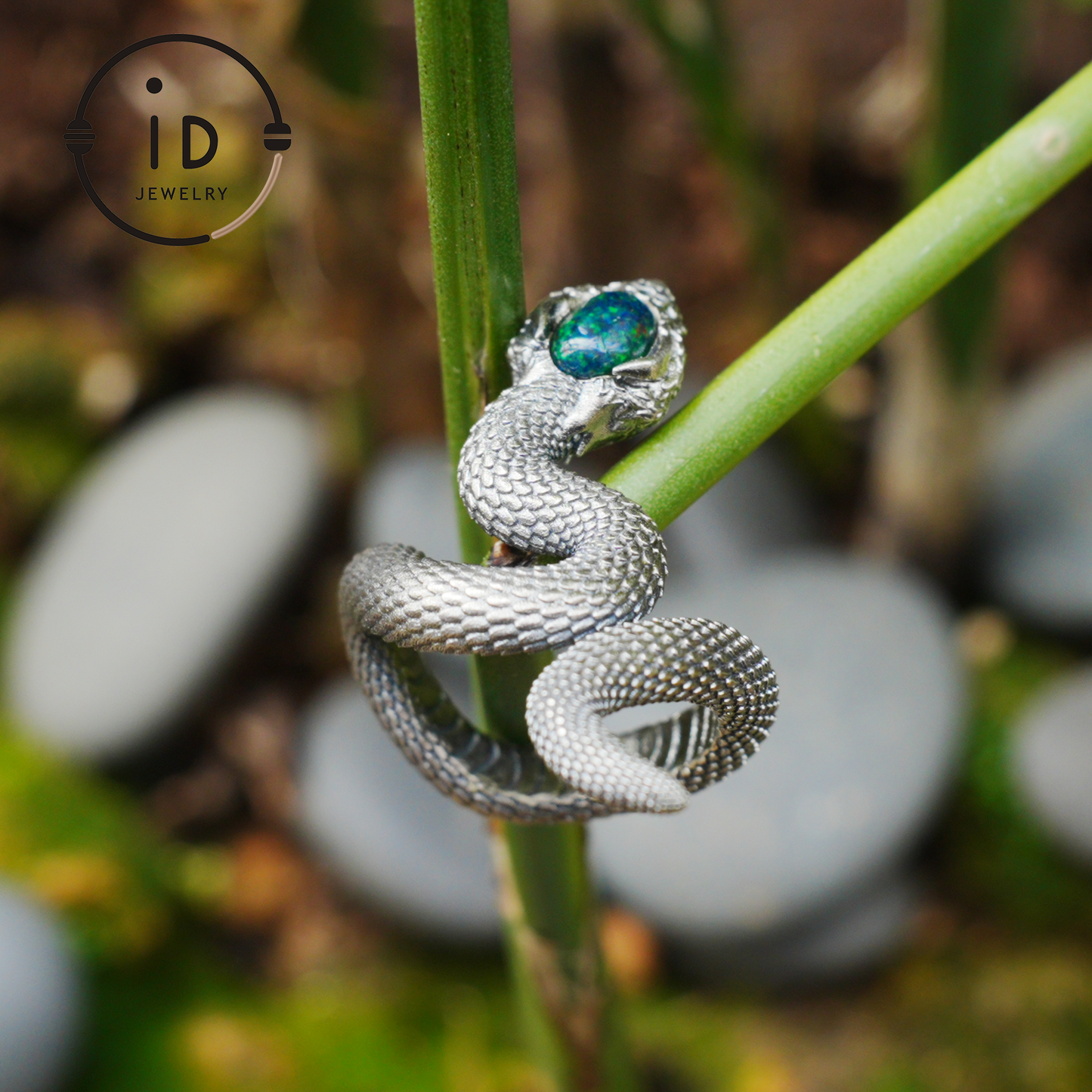 Opal Snake Ring Silver Gothic Adjustable Totem Jewelry Gift for Her Vintage Style Serpent Gemstone Ring Nature Inspired Statement