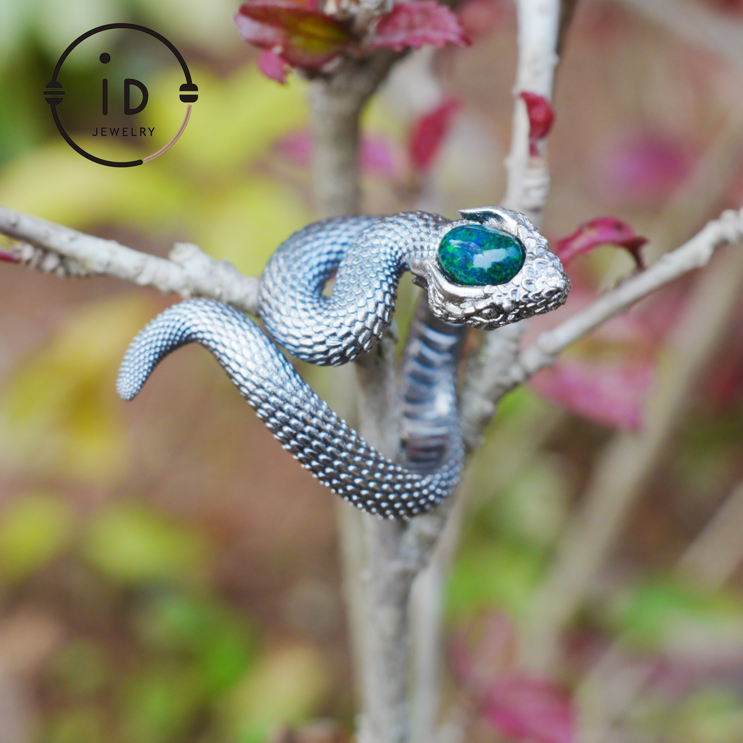 Opal Snake Ring Silver Gothic Adjustable Totem Jewelry Gift for Her Vintage Style Serpent Gemstone Ring Nature Inspired Statement
