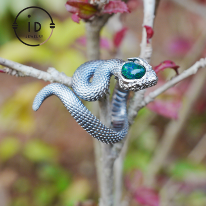 Opal Snake Ring Silver Gothic Adjustable Totem Jewelry Gift for Her Vintage Style Serpent Gemstone Ring Nature Inspired Statement