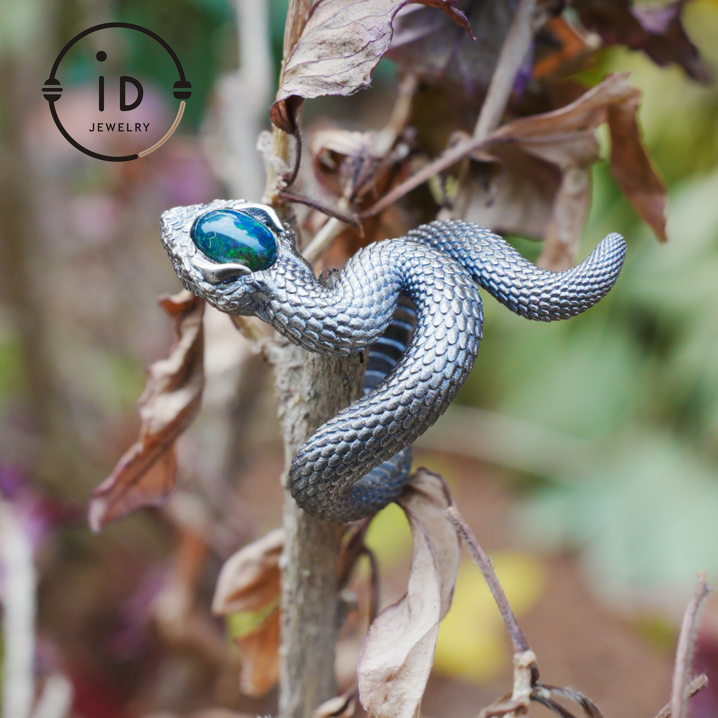 Opal Snake Ring Silver Gothic Adjustable Totem Jewelry Gift for Her Vintage Style Serpent Gemstone Ring Nature Inspired Statement