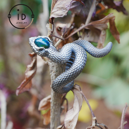 Opal Snake Ring Silver Gothic Adjustable Totem Jewelry Gift for Her Vintage Style Serpent Gemstone Ring Nature Inspired Statement
