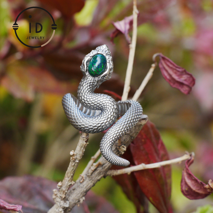 Opal Snake Ring Silver Gothic Adjustable Totem Jewelry Gift for Her Vintage Style Serpent Gemstone Ring Nature Inspired Statement