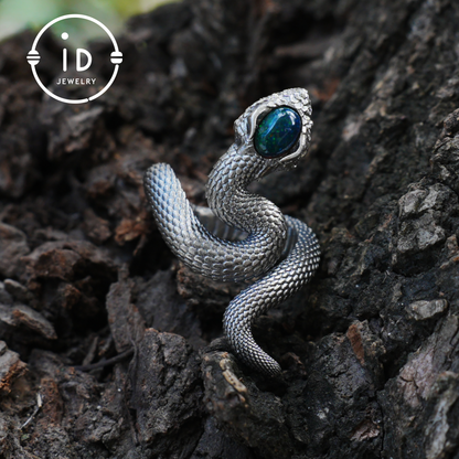 Opal Snake Ring Silver Gothic Adjustable Totem Jewelry Gift for Her Vintage Style Serpent Gemstone Ring Nature Inspired Statement