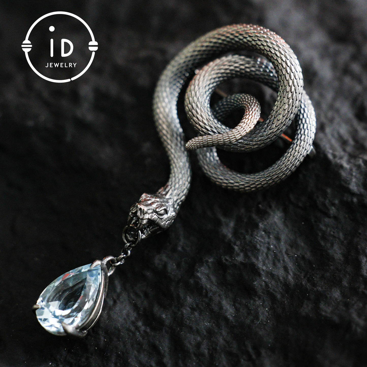 Handcrafted Snake Brooch Pendant with Blue Topaz | 925 Sterling Silver Gothic Jewelry | Dark Fantasy Totem of Power & Mystery | Unique Gift for Her