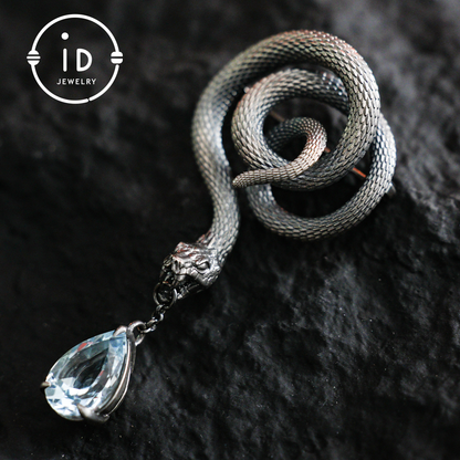 Handcrafted Snake Brooch Pendant with Blue Topaz | 925 Sterling Silver Gothic Jewelry | Dark Fantasy Totem of Power & Mystery | Unique Gift for Her