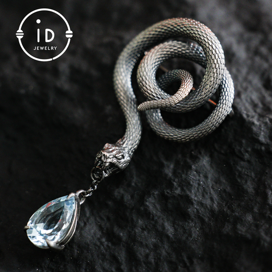 Handcrafted Snake Brooch Pendant with Blue Topaz | 925 Sterling Silver Gothic Jewelry | Dark Fantasy Totem of Power & Mystery | Unique Gift for Her