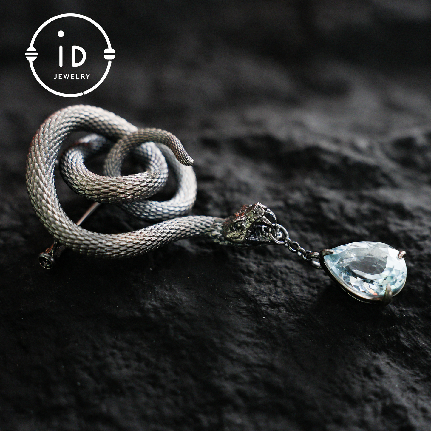 Handcrafted Snake Brooch Pendant with Blue Topaz | 925 Sterling Silver Gothic Jewelry | Dark Fantasy Totem of Power & Mystery | Unique Gift for Her