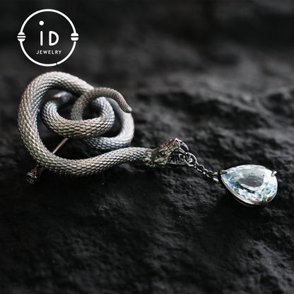 Handcrafted Snake Brooch Pendant with Blue Topaz | 925 Sterling Silver Gothic Jewelry | Dark Fantasy Totem of Power & Mystery | Unique Gift for Her