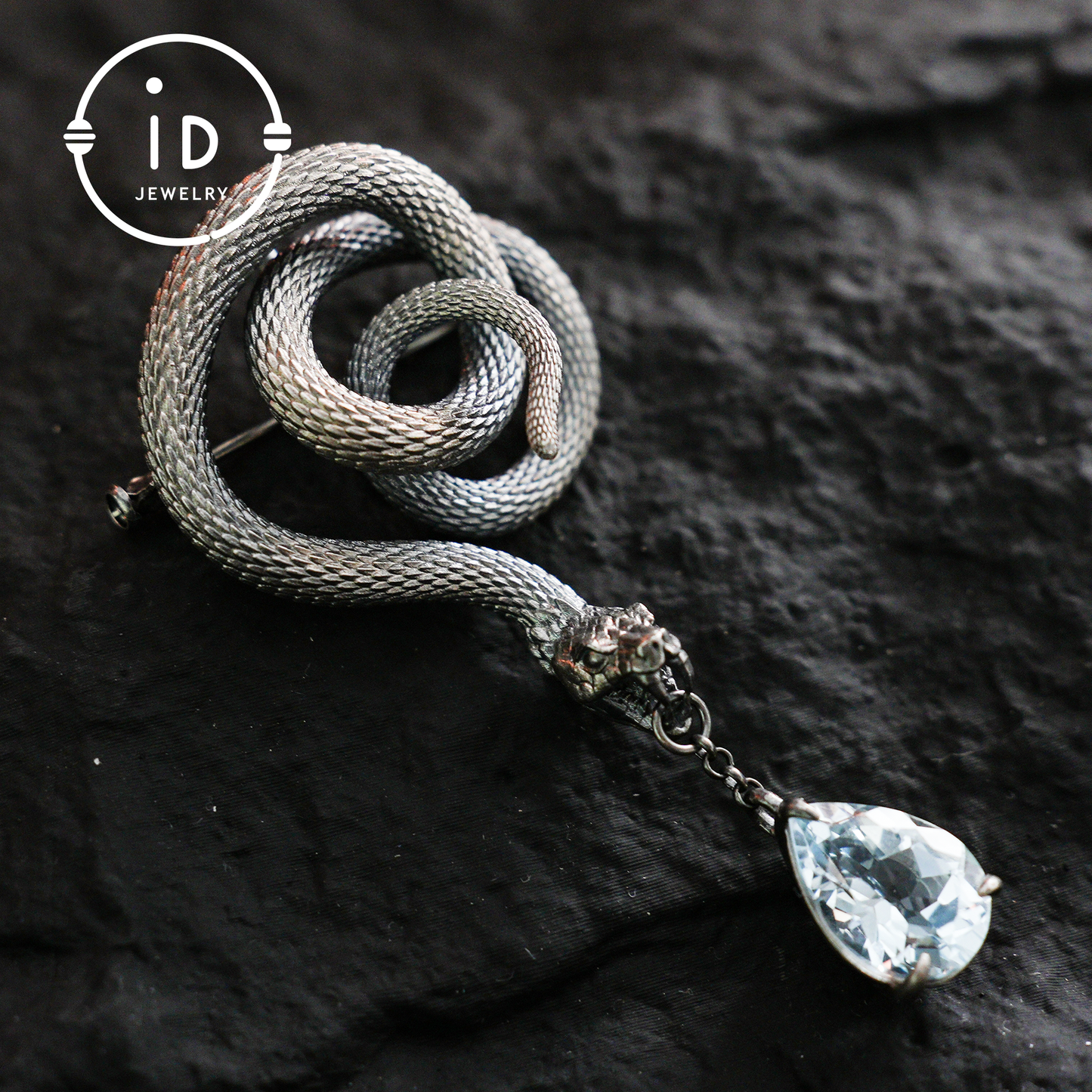 Handcrafted Snake Brooch Pendant with Blue Topaz | 925 Sterling Silver Gothic Jewelry | Dark Fantasy Totem of Power & Mystery | Unique Gift for Her