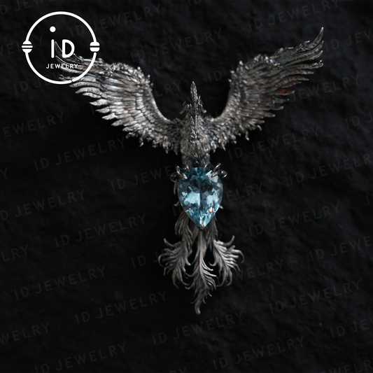 Handmade Phoenix Necklace with Aquamarine | Mystical Symbol | Vintage Fantasy Jewelry