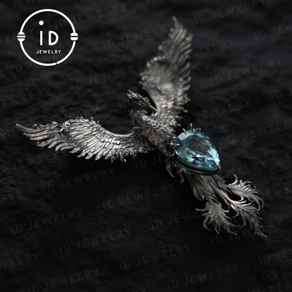 Handmade Phoenix Necklace with Aquamarine | Mystical Symbol | Vintage Fantasy Jewelry