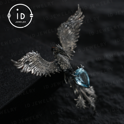 Handmade Phoenix Necklace with Aquamarine | Mystical Symbol | Vintage Fantasy Jewelry