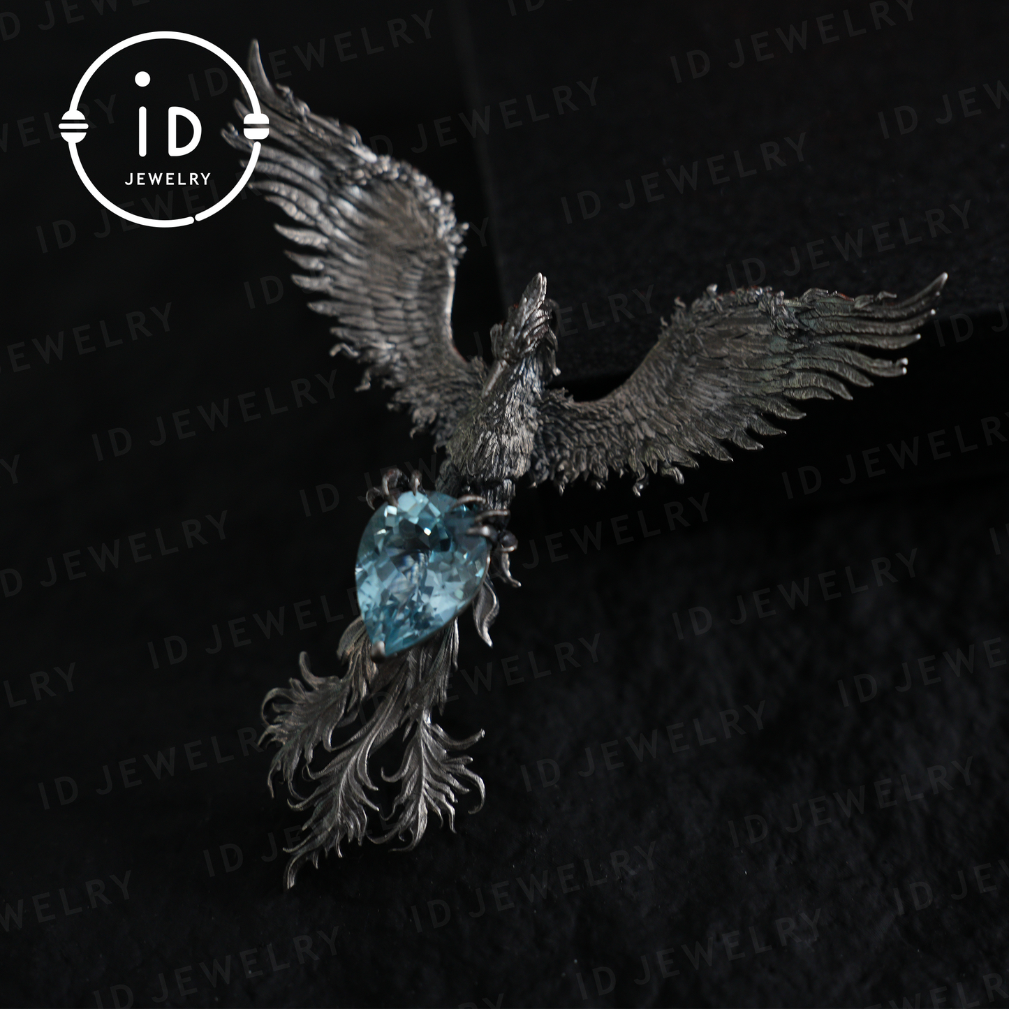 Handmade Phoenix Necklace with Aquamarine | Mystical Symbol | Vintage Fantasy Jewelry